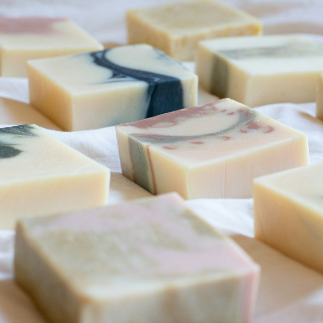 Natural soap bars arranged on cotton fabric